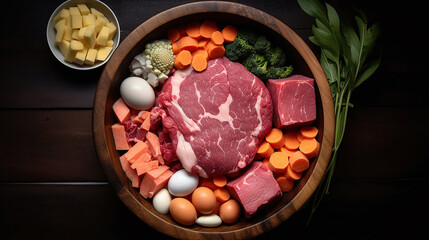 Dog bowl filled with chunks of raw beef surrounded by an egg, large bone and assorted vegetables for a healthy balanced animal diet. Generative AI technology - obrazy, fototapety, plakaty