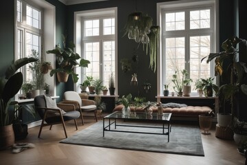 Fototapeta na wymiar stylish living room with indoor plants, glass windows and natural light, created with generative ai