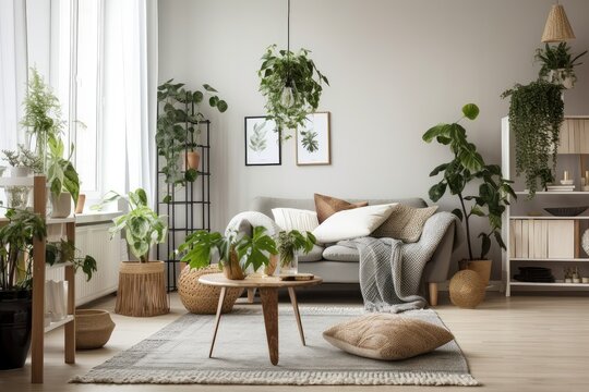a cozy living room with handpicked plants and greenery, creating a relaxing atmosphere, created with generative ai
