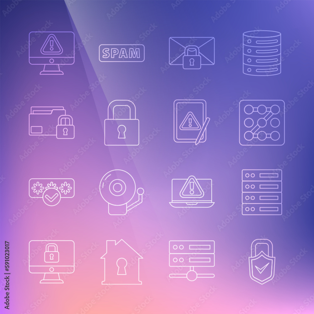 Poster set line lock and check mark, server, data, web hosting, graphic password protection, mail message l