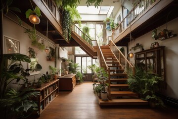 Fototapeta premium high-ceilinged space with lush plants and greenery, created with generative ai