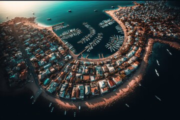 Bird's eye view of the city by the sea beautiful city by the sea. Thumbnail from the city by the sea. Generative AI