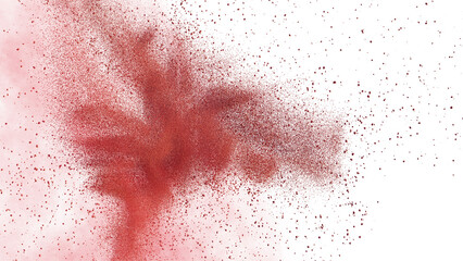 flying red powder, pigment particles isolated on transparent background 