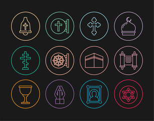 Set line Star of David, Decree, paper, parchment, scroll, Christian cross, Dharma wheel, Church bell, Kaaba mosque and icon. Vector