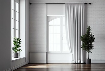 bright wall mockup, , 3d illustration, White empty minimalist room interior with wooden floor , brick wall and white wall living room, white landscape in window with curtains. Generative AI