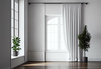 Fototapeta premium bright wall mockup, , 3d illustration, White empty minimalist room interior with wooden floor , brick wall and white wall living room, white landscape in window with curtains. Generative AI