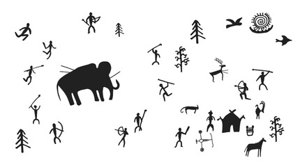 Cave painting prehistoric rock art hand drawn sketch style vector illustration set. Rock age cave paintings set with prehistoric wild animals, tribal people and village buildings.