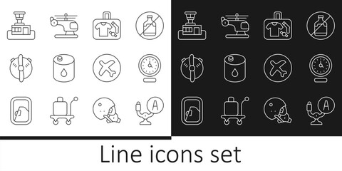 Set line Aircraft steering helm, Clock, Suitcase, Barrel oil, Plane propeller, Airport control tower, and Helicopter icon. Vector