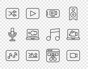 Set line Music note, tone, Play video button, Online play, Audio jack, Arrow shuffle, Sound or audio recorder, Video editor and icon. Vector