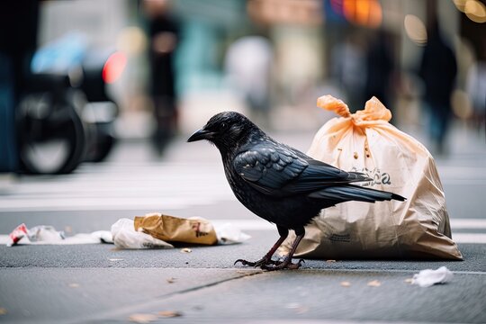 a bird pecking at a fast-food bag, surrounded by other litter in the city, created with generative ai