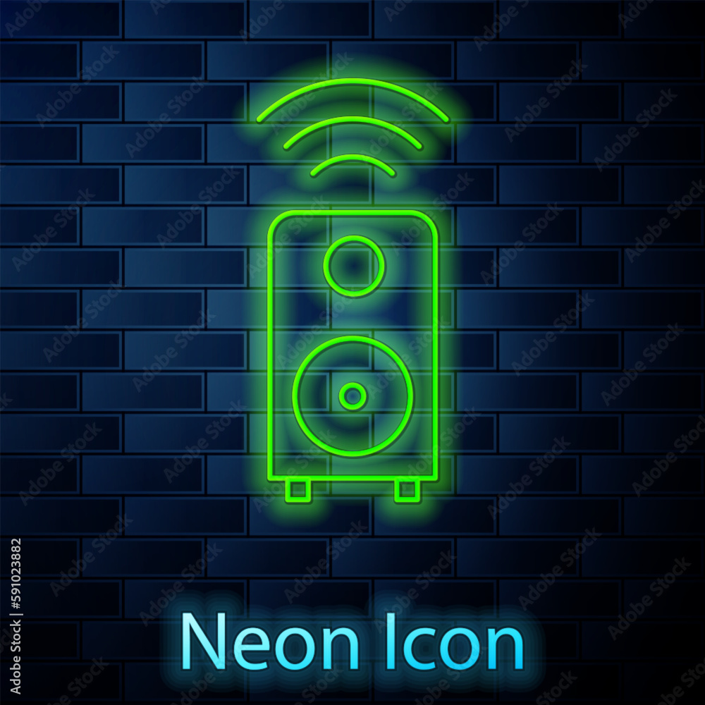 Poster glowing neon line smart stereo speaker system icon isolated on brick wall background. sound system s