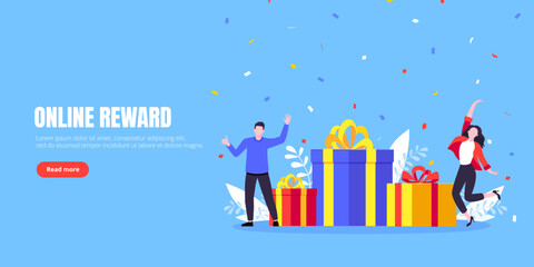 Get online reward and gifts, earn loyalty program points. Get loyalty card and customer service business concept flat design vector illustration. Tiny people with big gift boxes.