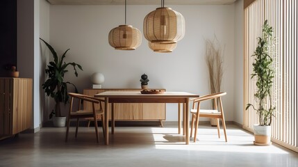 Harmony in white and wood: a minimalist dining room from China. Zen atmosphere meets Chinese design with natural materials and stylish reduction and simple elegance. - Generative AI
