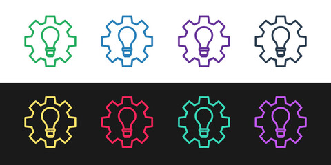 Set line Light bulb and gear icon isolated on black and white background. Innovation concept. Business idea. Vector