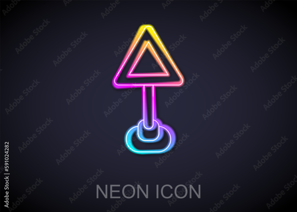 Poster glowing neon line triangle warning blank icon isolated on black background. traffic rules and safe d