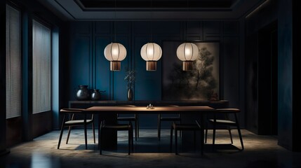 Harmony in white and wood: a minimalist dining room from China. Zen atmosphere meets Chinese design with natural materials and stylish reduction and simple elegance. - Generative AI