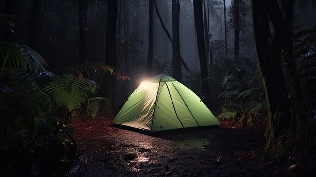Rain on the tent in the mountain at night. Generative AI