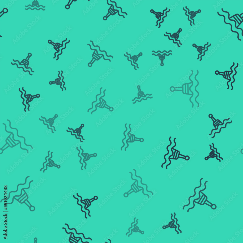 Poster black line floating buoy on the sea icon isolated seamless pattern on green background. vector