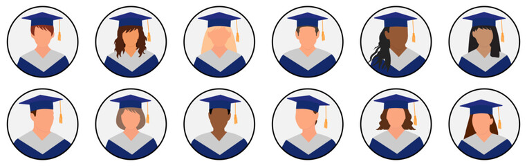 Graduates in mantle and mortarboard, set of icon avatar. Vector illustration