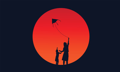 Baby flying kite with his mother at sunset vector arts