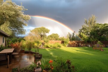 backyard with sprinkler and rainbow in the background, created with generative ai