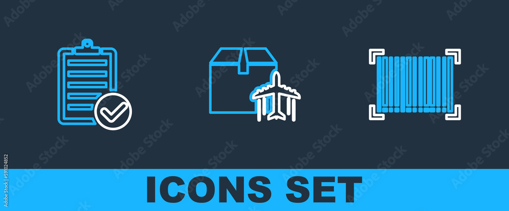 Poster set line barcode, verification of delivery list and plane and cardboard box icon. vector