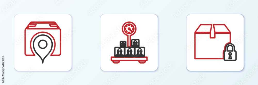 Poster set line locked package, location with cardboard box and scale icon. vector
