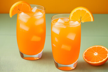Cold and refreshing orange punch cocktail with orange slice on yellow background. summer drink.