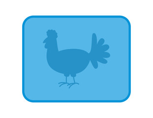 Illustration of blue farm hen in rectangular panel with rounded edge