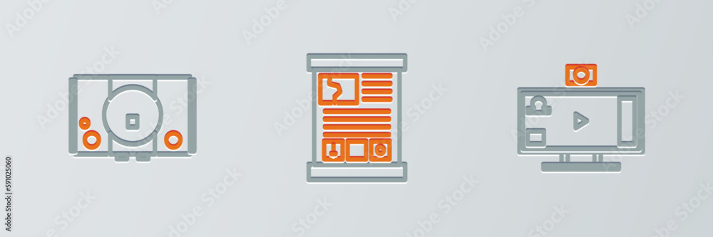 Poster set line live streaming online, video game console and game guide icon. vector