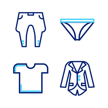 Set line Blazer or jacket, T-shirt, Men underpants and Pants icon. Vector