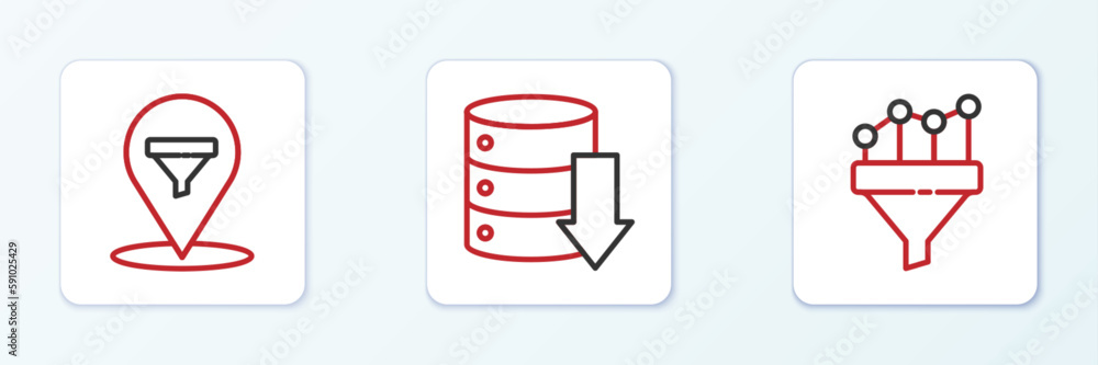 Poster set line sales funnel with chart, location sales and server, data, web hosting icon. vector