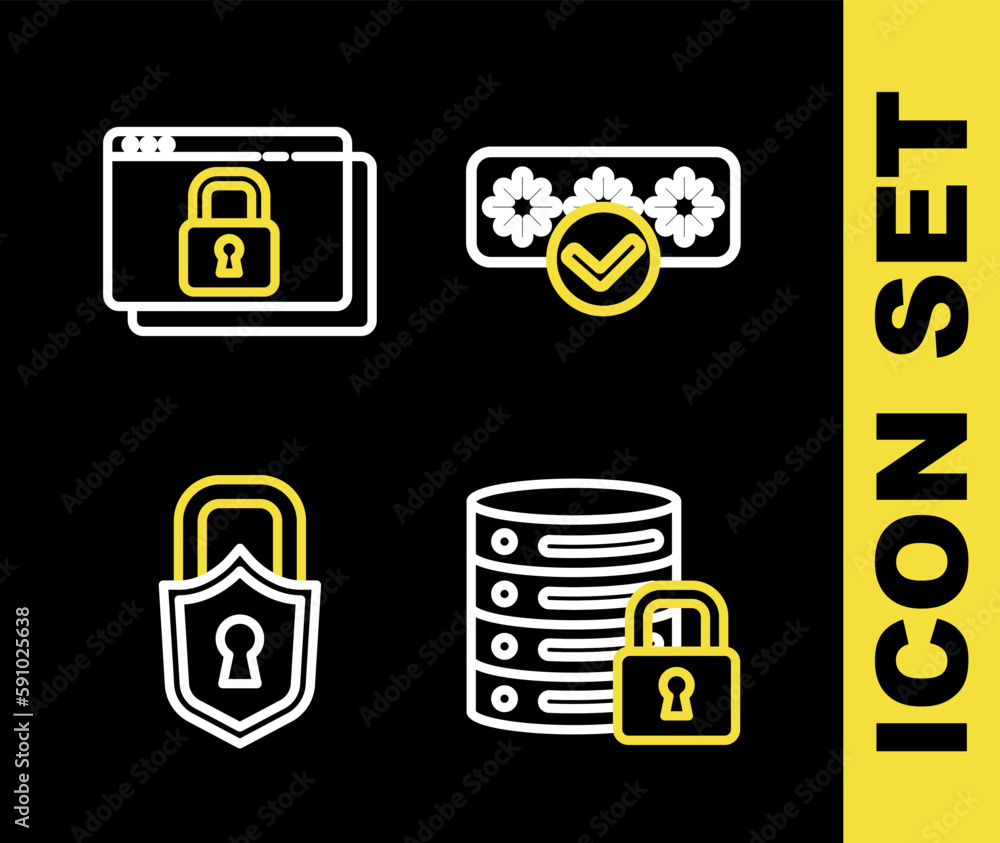 Poster set line password protection, server security with lock, lock and secure your site https, ssl icon. 