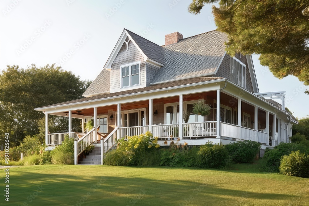 Poster cape cod house with wraparound porch and rocking chairs, created with generative ai