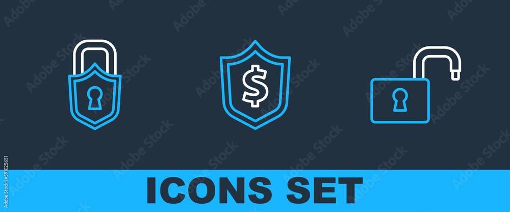 Poster set line open padlock, lock and shield with dollar icon. vector