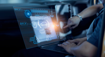 car service maintenance and digital technology interface icons. 