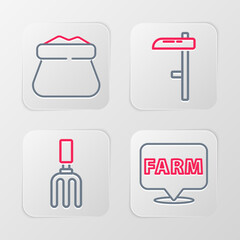 Set line Location farm, Garden rake, Scythe and Full sack icon. Vector