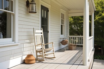 front porch of cape cod house, with rocking chair and lantern, providing a cozy and inviting space, created with generative ai - obrazy, fototapety, plakaty