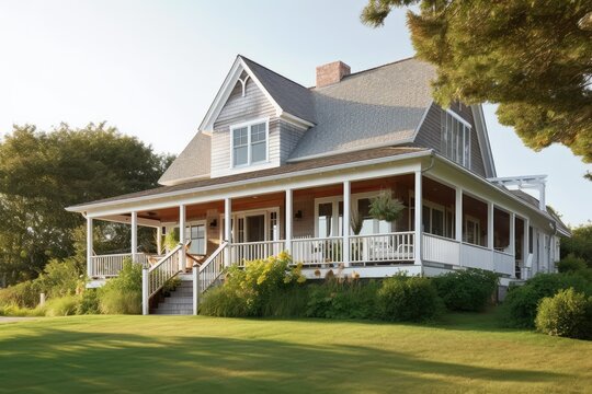 cape cod house with wraparound porch and rocking chairs, created with generative ai
