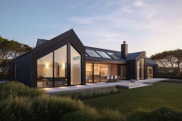 modern cape cod house with sleek exterior, minimalist design elements and large windows, created with generative ai