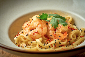 Thai noodles with shrimps in a plate on a wooden background