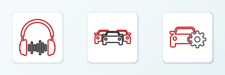 Set line Car service, Headphone and sound waves and Cars icon. Vector