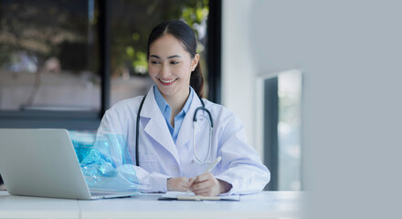 Medicine doctor touching on digital tablet and hologram modern virtual screen interface icons, Medical technology and futuristic concept.