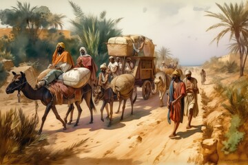 caravan of merchants and their goods traveling the ancient trade route, created with generative ai - obrazy, fototapety, plakaty