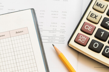 calculator, statement balance sheet accounting for business work arrangement flat lay style on background white 