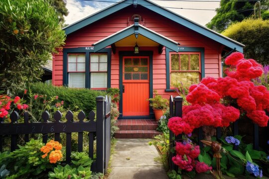 Brightly Colored House With Red Door And Black Trim Surrounded By Blooming Flowers, Created With Generative Ai