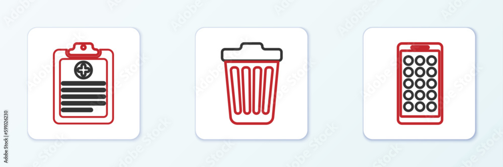 Poster Set line Mobile Apps, Clinical record and Trash can icon. Vector