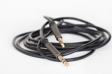 cord audio jack for connect loudspeaker arrangement flat lay style on background white 