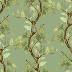 Seamless pattern with green leaves and branches. - obrazy, fototapety, plakaty
