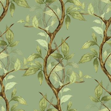 Seamless pattern with green leaves and branches.